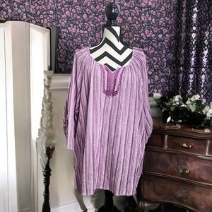 Catherine's Boho Embroidered Cotton Metallic Striped 3/4 Sleeve Sz 3X Blouse
